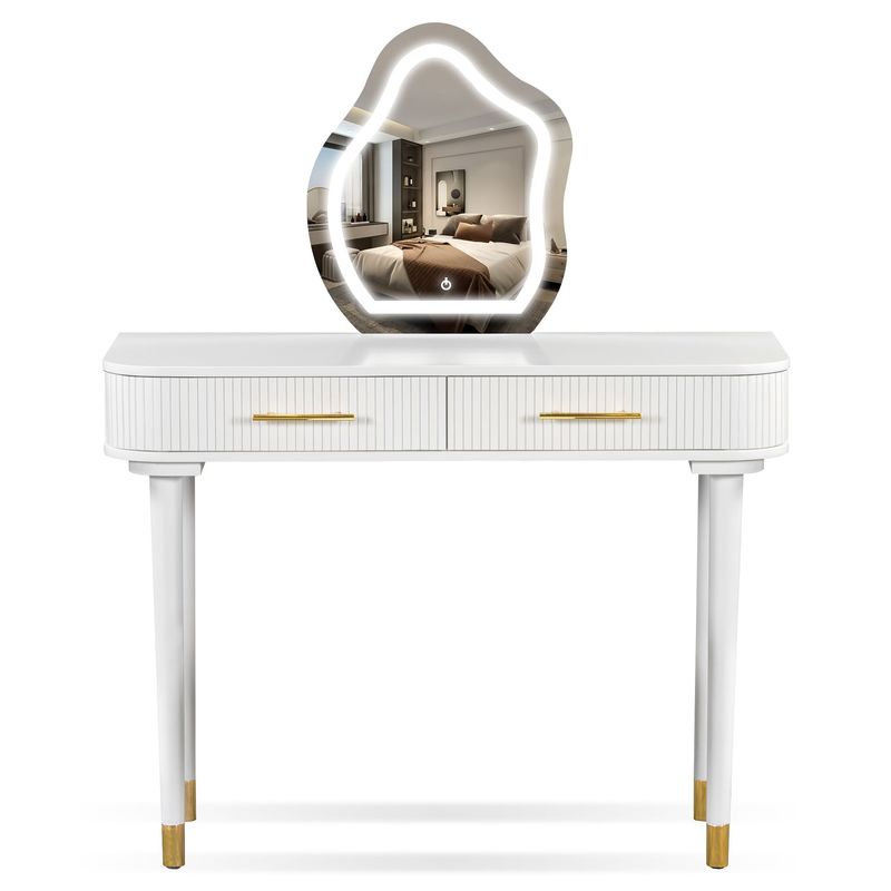 40" Modern Vanity Table Set With Mirror Touch Screen Lighted Mirror, Dressing Table And Cushioned Stool Set With 2 Large Drawers, White_voghion.com
