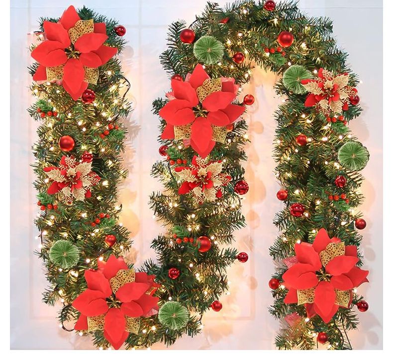 Ghirlanda natalizia da 2,7 m/1,8 m con 50 luci LED, resistente decorazione natalizia in PVC da appendere alla porta per albero di Natale, parete, camino_voghion.com
