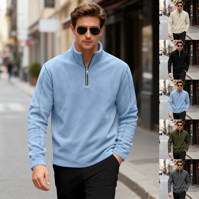 Felpa da uomo con mezza zip e collo alto – Pile spesso, vestibilità ampia per autunno e inverno_voghion.com