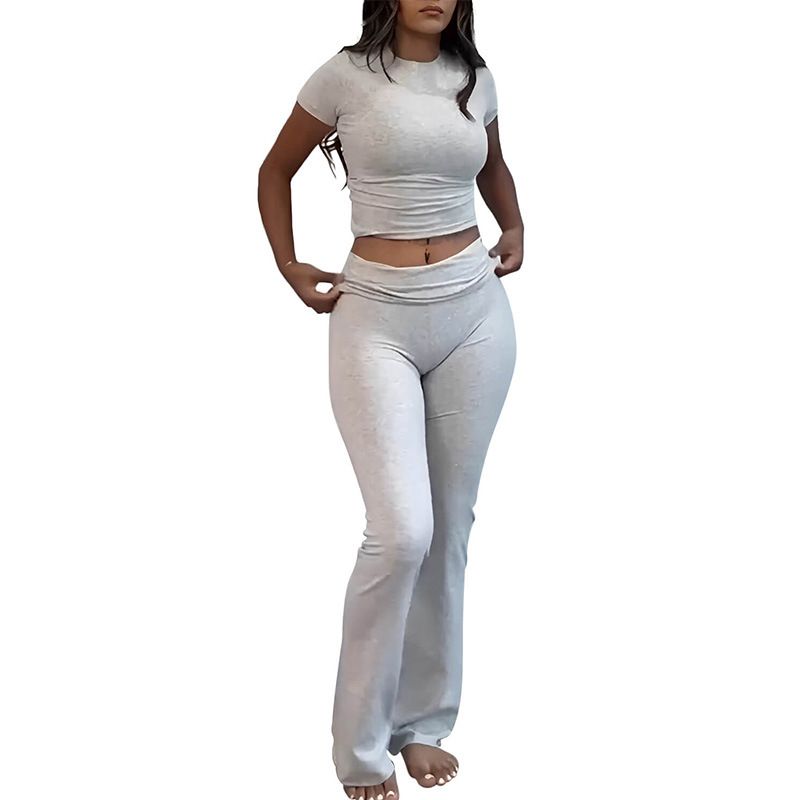 Ensemble deux pièces décontracté pour femme, t-shirt à col rond, taille basse, pantalon évasé, survêtement, offre spéciale_voghion.com