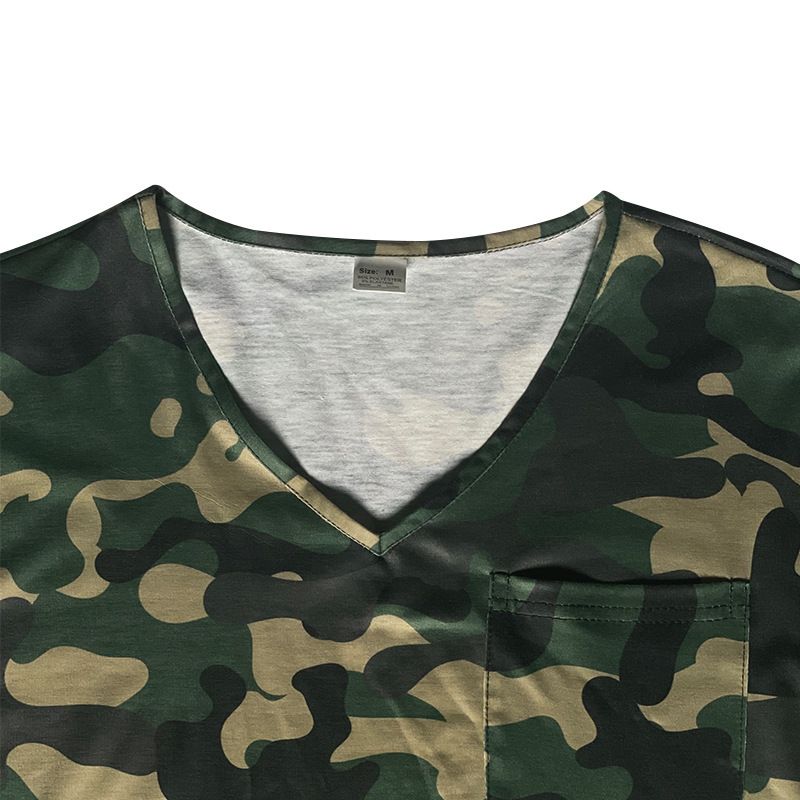Camiseta informal de manga corta con cuello en V y estampado de camuflaje para hombre_voghion.com
