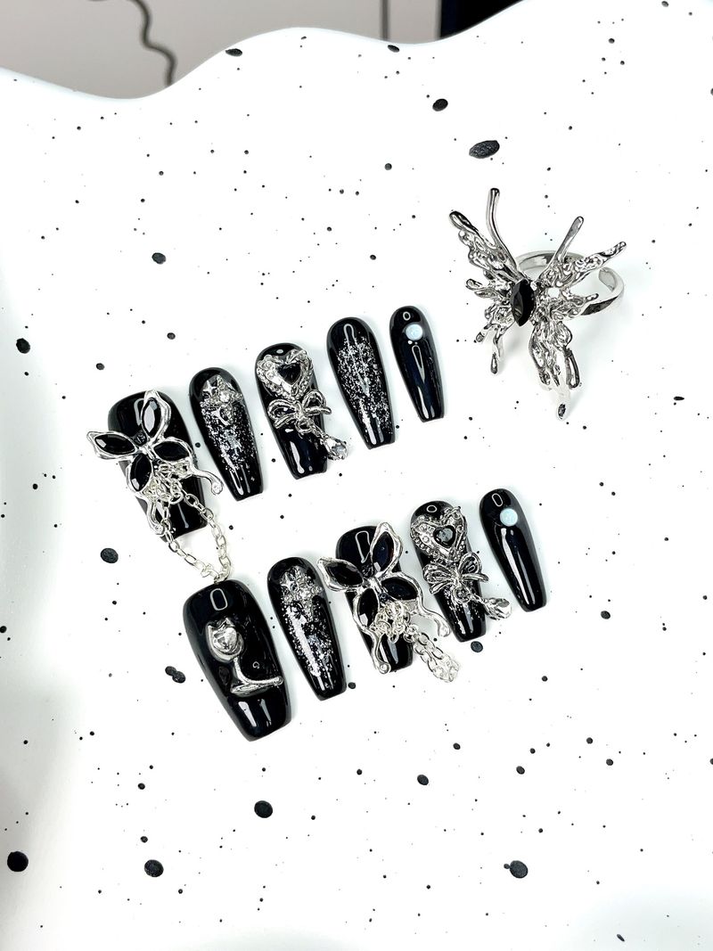 Edgy Y2K Press On Nails - Dark Dazzling Glitter & Butterfly Design, Gothic Glam Reusable Nails_voghion.com