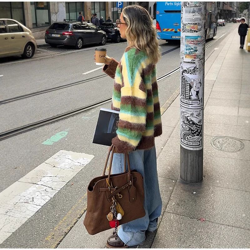 Women's Clothing Comfortable Casual Colorful Round Neck Striped Knit Sweater - Soft & Cozy Round Neck Pullover, Colorful Casual Top For Fall & Winter_voghion.com