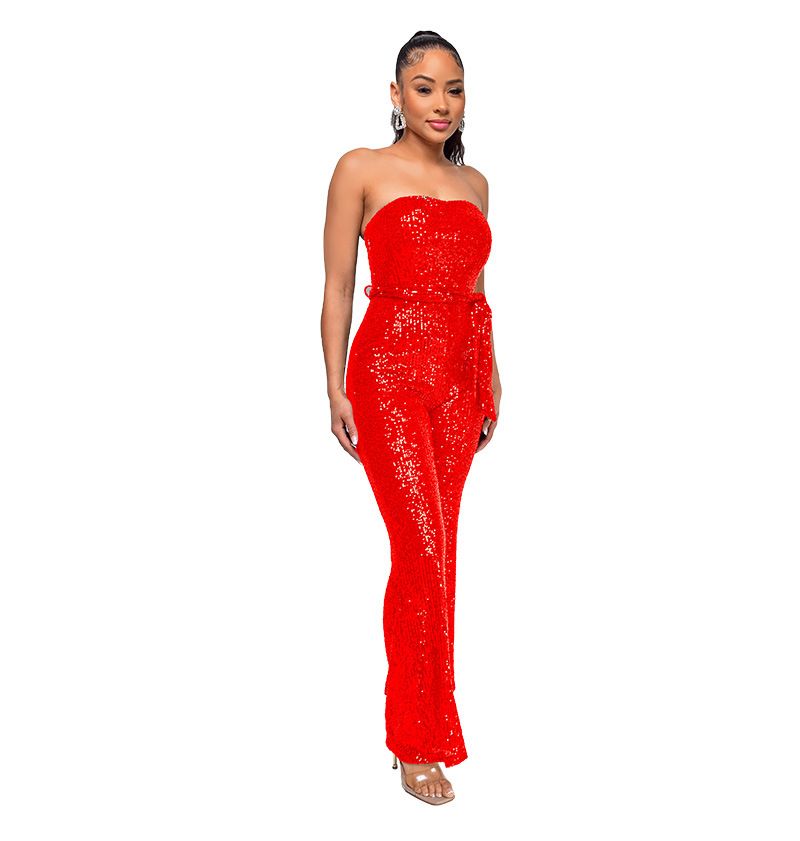 Dametøj Ærmeløs pailletterbæltejumpsuit ensfarvet tubetop rygløs jumpsuit_voghion.com