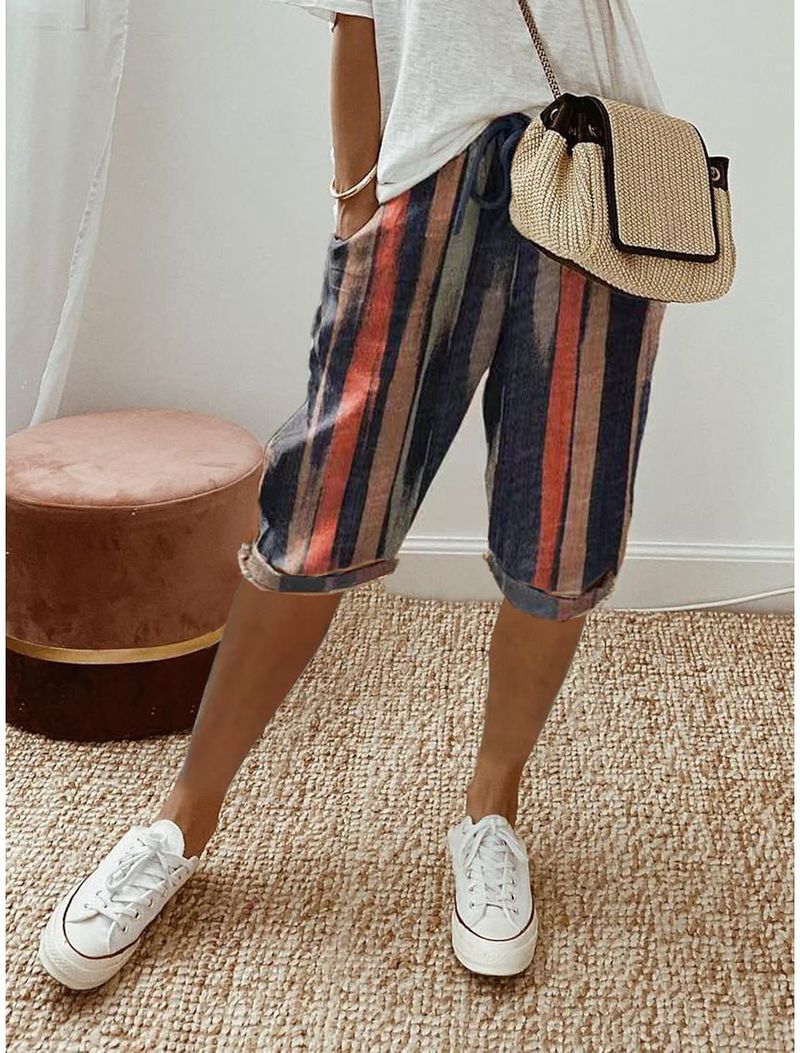 Women's cotton and linen pocket elastic casual pants women's pants quarter pants_voghion.com