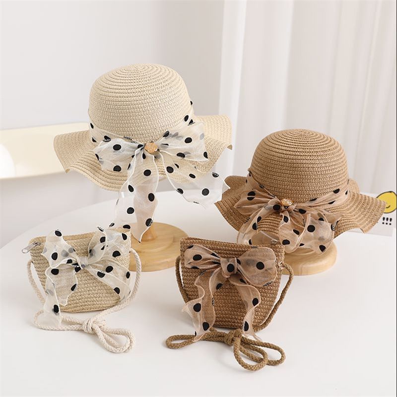 Nuovo set di cappelli e borse parasole con fiocco coreano a pois e onde di paglia per bambini, dolce e carino_voghion.com