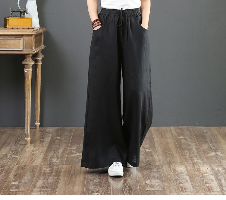 2023 Spring Summer Korean Cotton Loose Plus Size Wide Leg High Waist Floor-Length Straight Linen Women's Pants_voghion.com