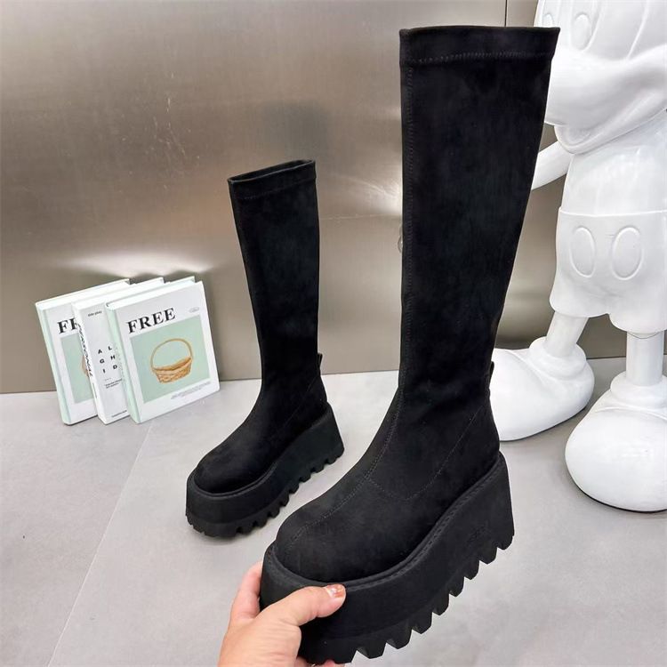 Vastag talpú, magasságnövelő, Small Knight 2024 őszi új, velúr, rugalmas, vékony zoknis, térdig érő, női csizma_voghion.com