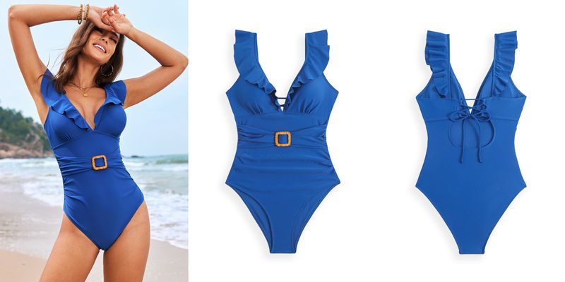 Maillot de bain une pièce à volants et ceinture à nouer dans le dos pour femme_voghion.com