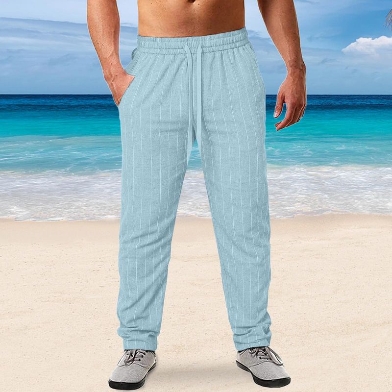 Nuovi pantaloni da uomo a righe verticali con coulisse elastica in vita in cotone e lino pantaloni casual da spiaggia_voghion.com