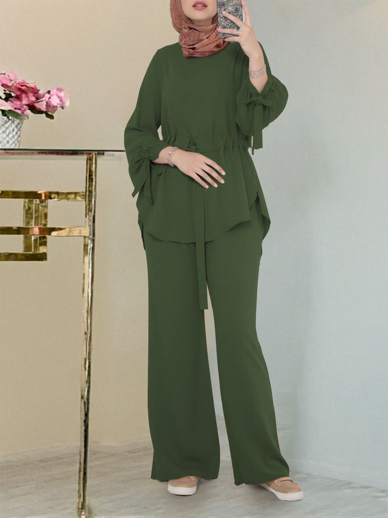 Completo elegante da donna musulmano in due pezzi, tinta unita, con top a maniche e pantaloni a gamba larga | Outfit casual quotidiano per le donne_voghion.com