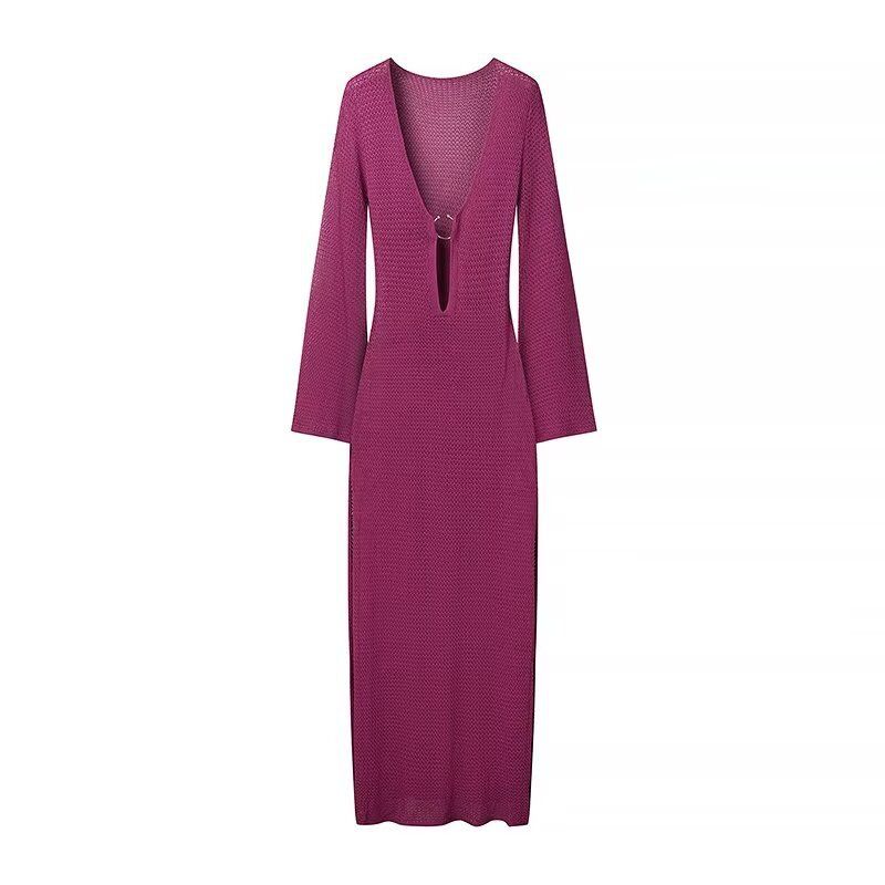 Robe longue à boucle et col en V pour femme, nouvelle collection automne/hiver 2024_voghion.com