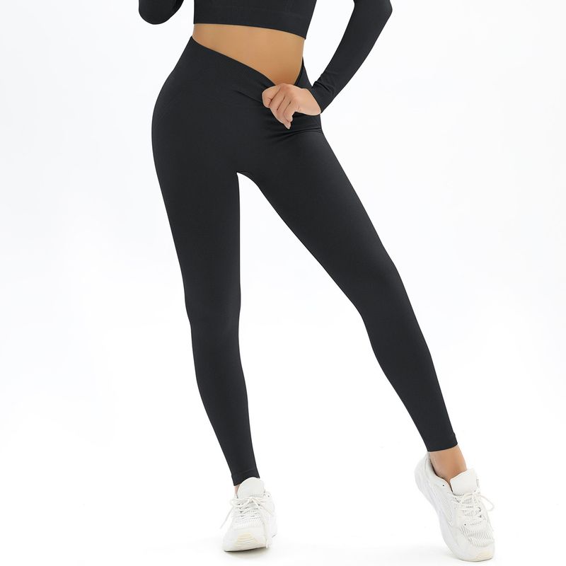 New Peach Seamless Solid Color Jacquard Yoga Waist High Elastic Tight Sports Running Fitness Pants_voghion.com