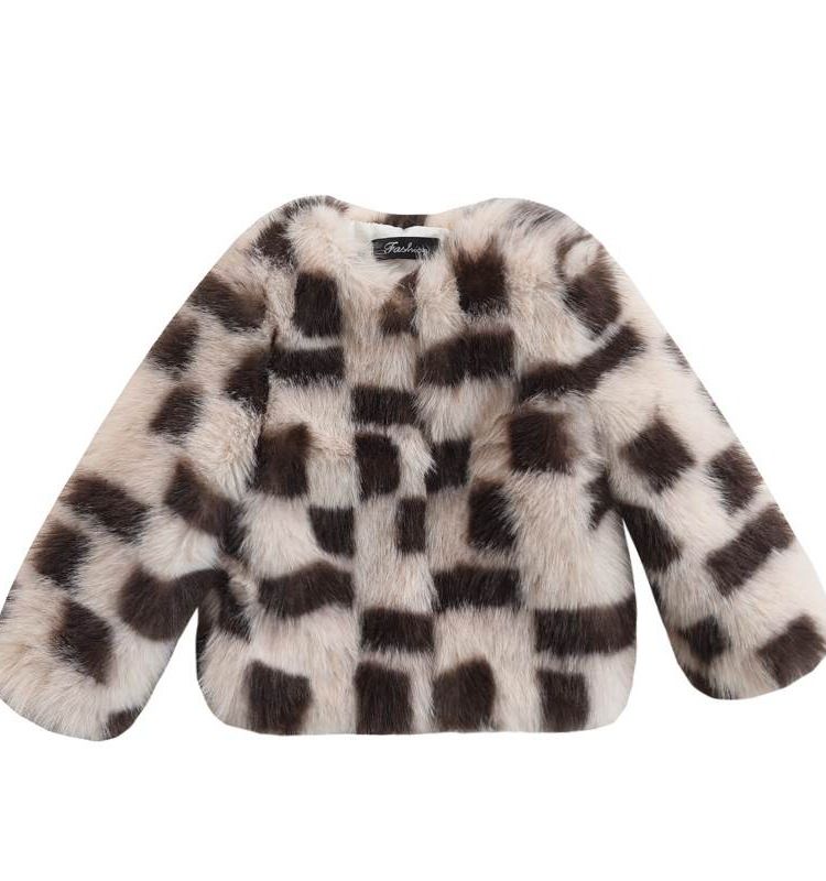 Manteau d'hiver en fausse fourrure pelucheuse pour enfants - Veste chaude et élégante à carreaux colorés pour filles, douce et confortable, à carreaux marron, 90-160 cm_voghion.com