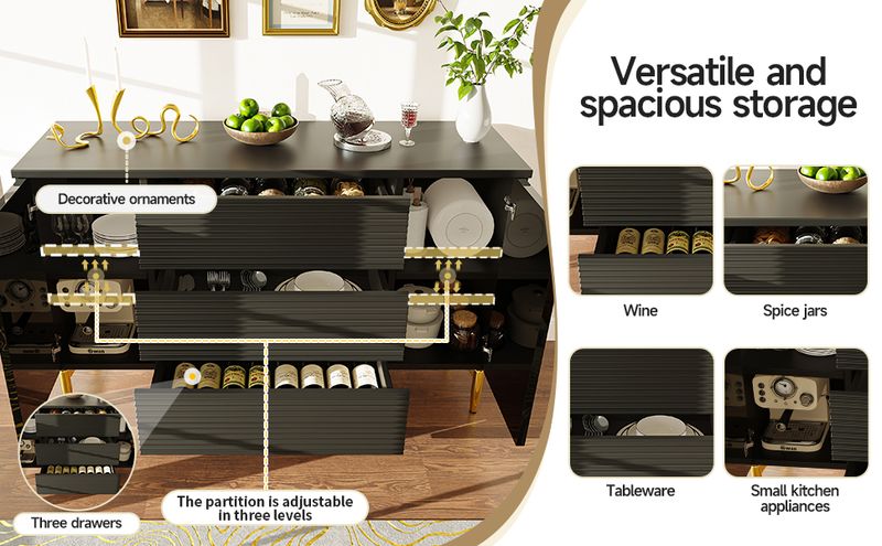 Kommode Schwarz Mit Kariertem Schubladendesign, Goldverzierung_voghion.com
