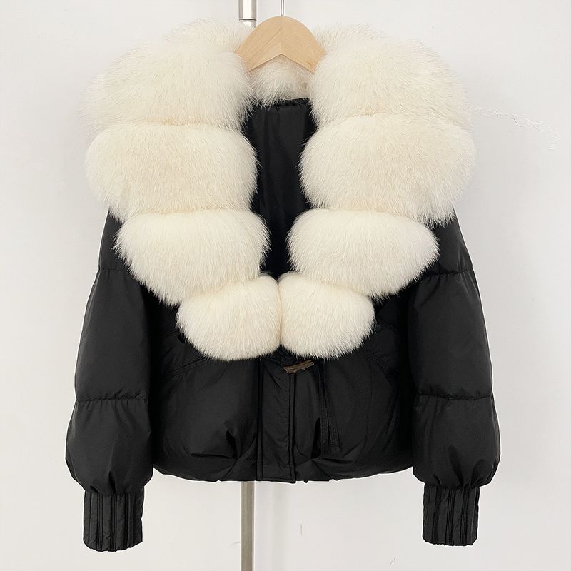 Luxury Oversized Fox Fur Trim Short Down Jacket For Women - Winter Warm Coat With Detachable Hood, 90% White Duck Down, Loose Fit, Stylish_voghion.com