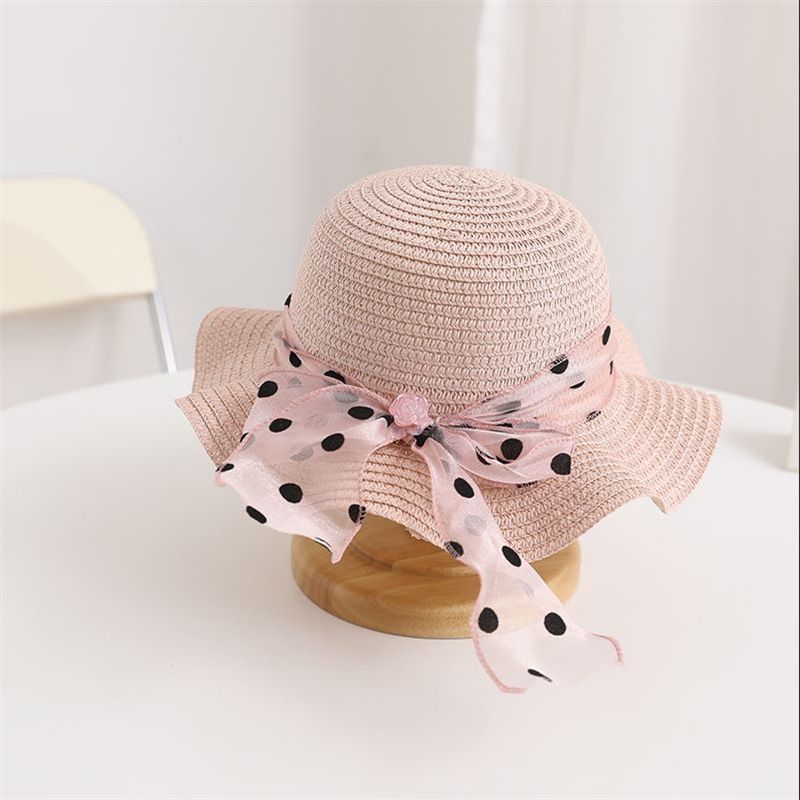 Nuovo set di cappelli e borse parasole con fiocco coreano a pois e onde di paglia per bambini, dolce e carino_voghion.com