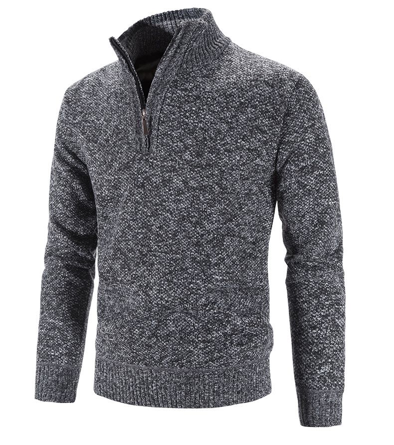Autumn Winter Thick Knitted Solid Color Zipper Mock Neck Slim Fit Knit Sweater Men Casual Pullover Man_voghion.com