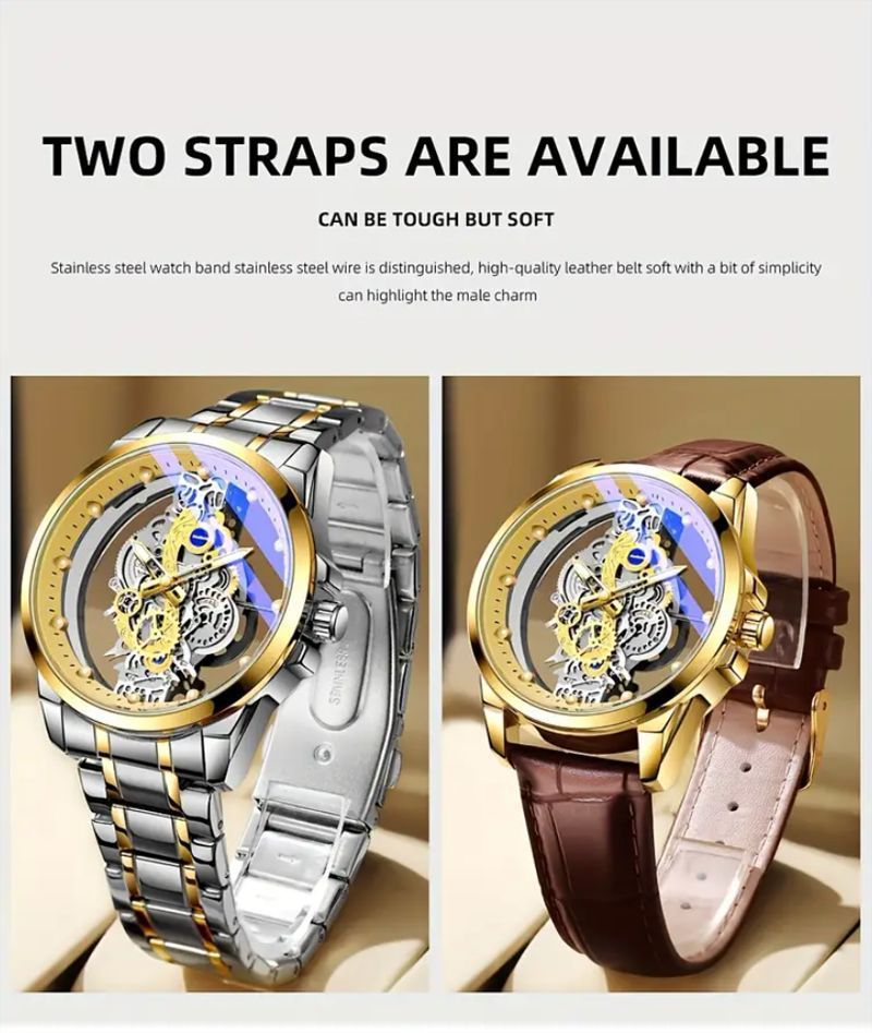 Men's Stainless Steel Skeleton Automatic Watch With Luminous Hands, Water Resistant 30M, Round Dial, Mineral Glass, Fashion Casual Dress Watch_voghion.com