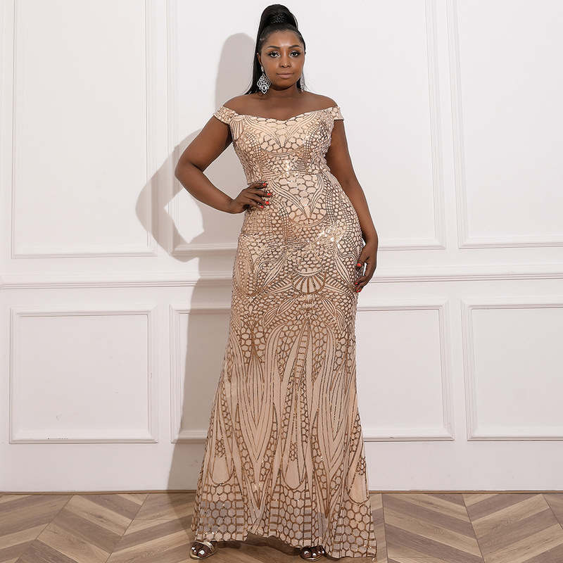 Vêtements pour femmes grande taille longue mariage un mot col minceur fête Banquet lumière luxe robe de soirée_voghion.com