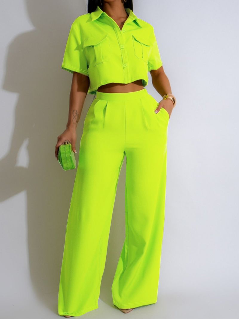 Damenbekleidung Sommermode Revers Kurzarm Hohe Taille Weite Beinhose Modeanzug_voghion.com