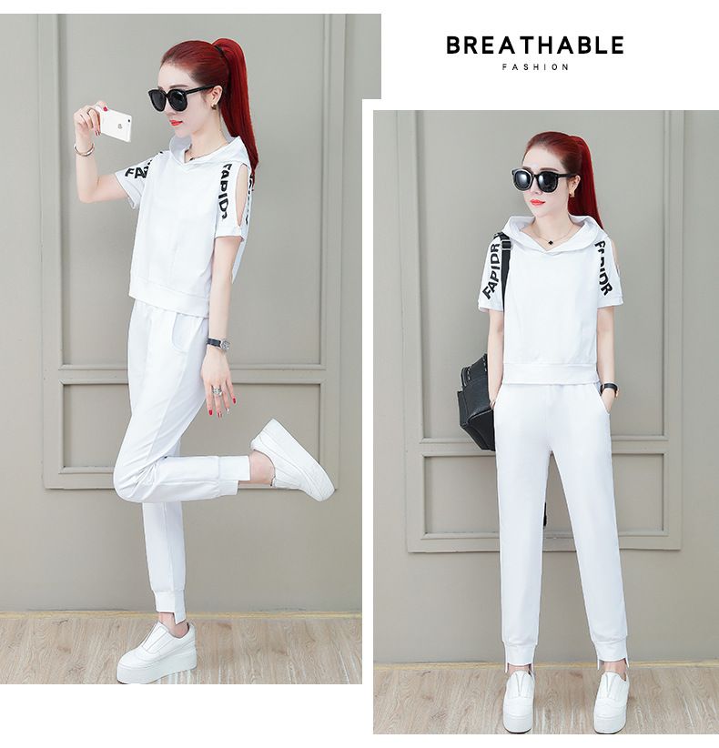 Ensemble deux pièces décontracté pour femme, tenue ample, épaules dénudées, capuche, manches courtes, pantalon long, été 2025_voghion.com