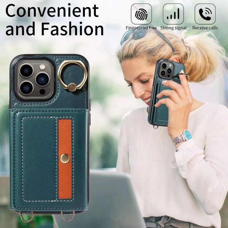 For Iphone 11 12 13 14 15 Pro Max Plus Leather Card Holder Ring Stand Long Strap Phone Case Cover_voghion.com