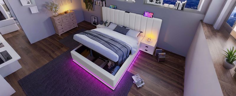 Lit double 160 x 200 cm avec rangement intégré, éclairage LED et recharge USB-C via application, sommier à lattes et matelas inclus, similicuir, blanc_voghion.com