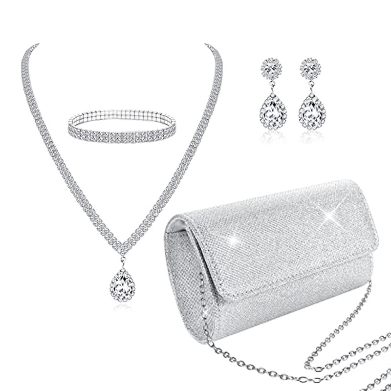 Borse da donna Set di gioielli da sposa, braccialetto di diamanti alla moda e semplice, orecchini, collana, pochette in paillettes PU, borsa da sera, set di quattro pezzi_voghion.com