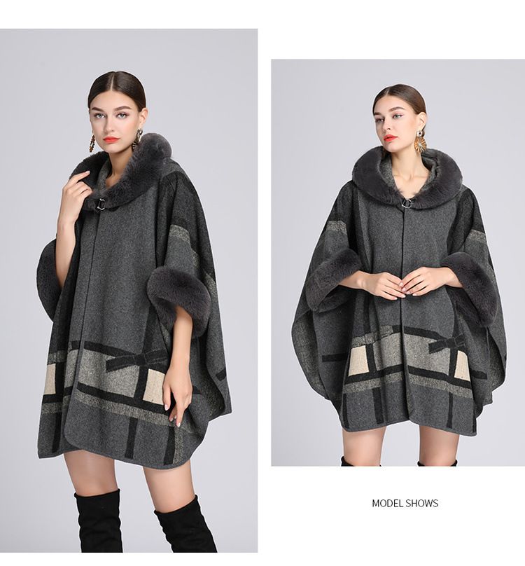 Wollkragen Kapuzenumhang Dame Jacquard Wollmantel Strickjacke Dame_voghion.com