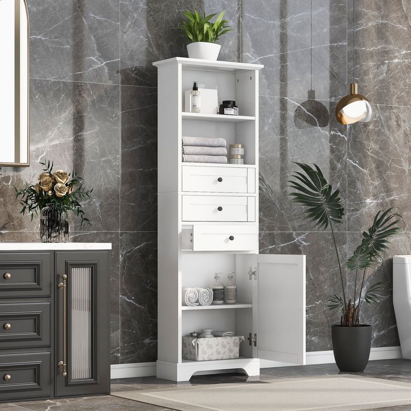 White Tall Storage Cabinet With 3 Drawers And Adjustable Shelves For Bathroom, Kitchen And Living Room, MDF Board With Painted Finish_voghion.com