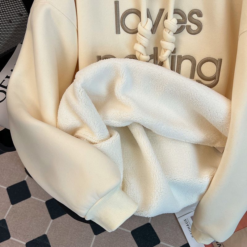 Women's Clothing plush sweatshirt with embroidered flowers for autumn and winter warm tops, thickened and loose large size women's hooded sweatshirt_voghion.com