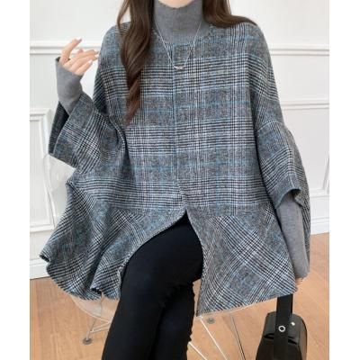 2025 Herbst Winter Neue Damen Cape Mantel Design Mittellange Strickjacke Plaid Wollmantel_voghion.com