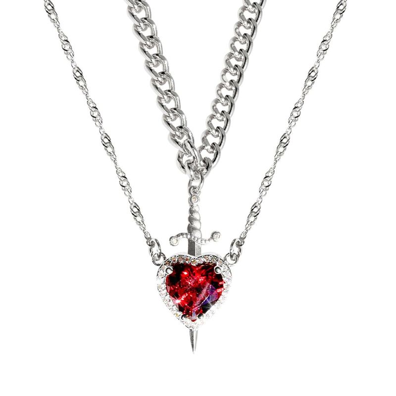 Collana e anello in acciaio inossidabile con cuore e spada, catena con onde d'acqua e zirconi, squisita idea regalo per San Valentino_voghion.com