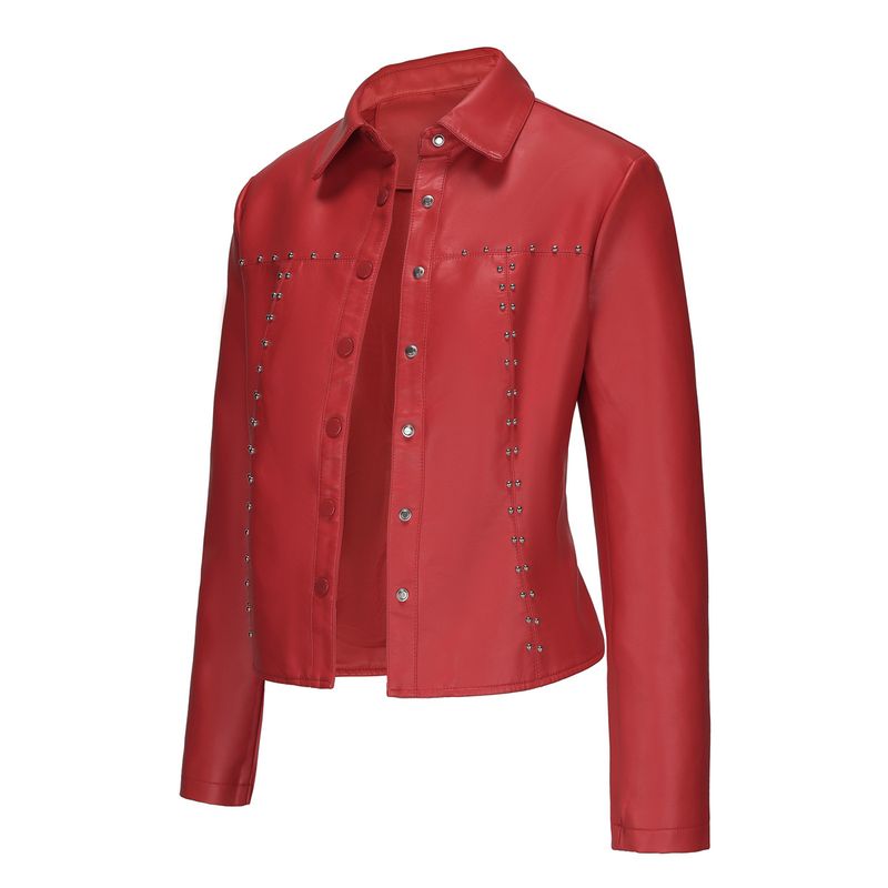 Dameskleding Lente en herfst Nieuwe klinknagel leren jas Cardigan knopen leren jas Mode dunne jas Dameskleding_voghion.com