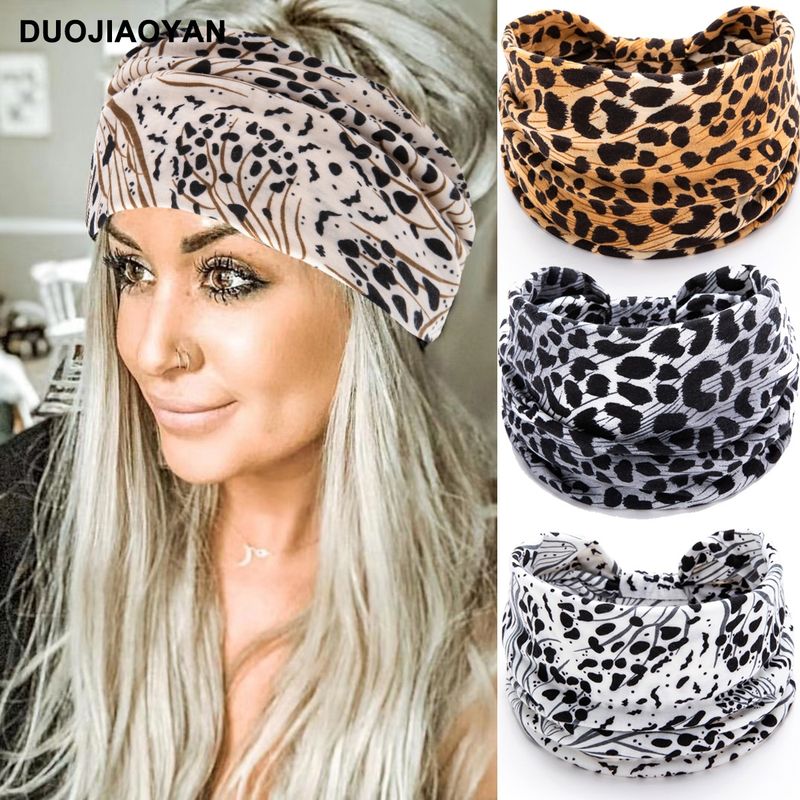 New Leopard Print Digital Printed Sports Headband with European and American Knotted Cross Wide Edge Elastic Headband for Women_voghion.com