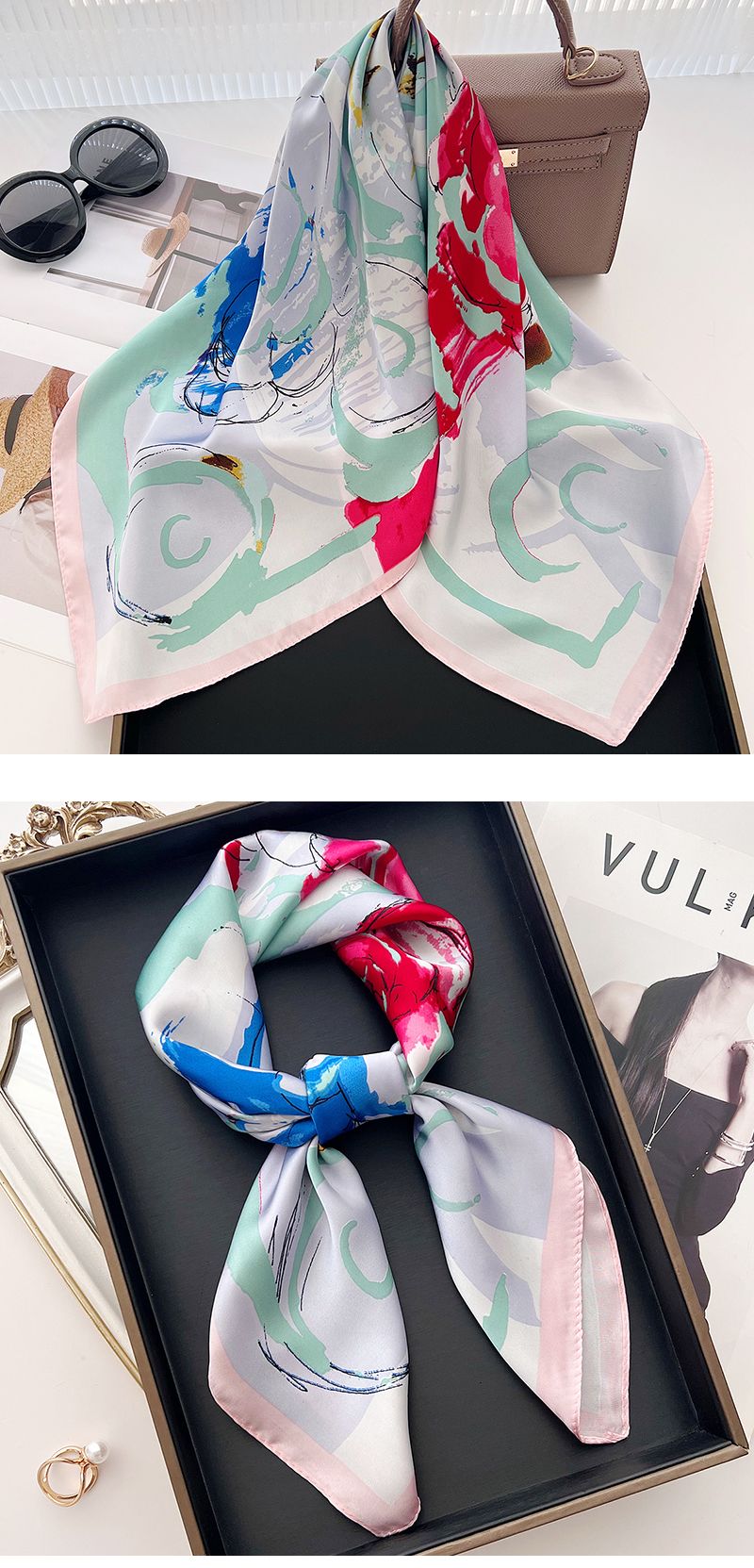 Sciarpa decorativa versatile per la protezione solare, grande sciarpa in seta stampata a mano, nuova estate 2024 per donna, primavera e autunno_voghion.com