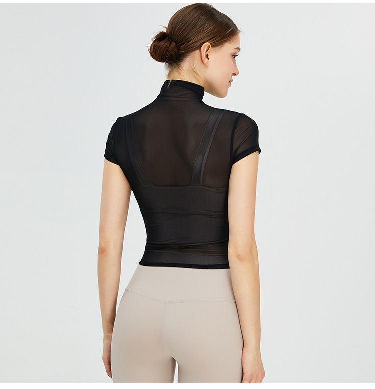 Maglietta da yoga vintage con collo alto, da donna, ad asciugatura rapida, sportiva, in rete, con protezione solare, per yoga_voghion.com