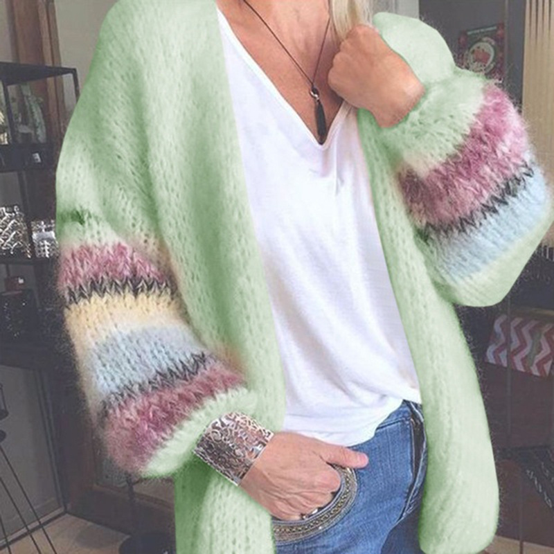 Women's Clothing sweater striped color contrast mohair cardigan knitted jacket _voghion.com