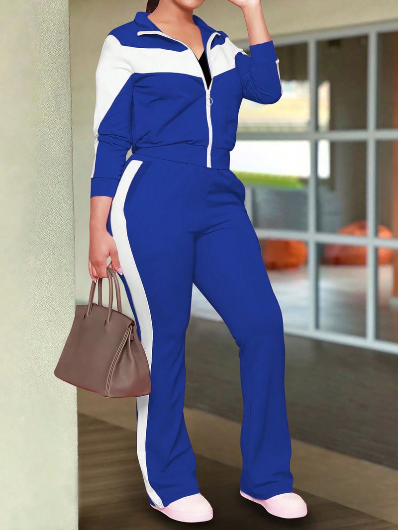 Spring Autumn Women's Fashionable Comfortable Color-Block Sports Style Zipper Jacket And Casual Long Pants Two-Piece Set_voghion.com