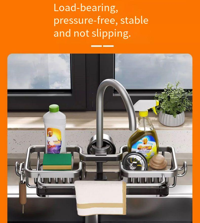 Labelable Kitchen Faucet Storage Rack Space Aluminum No-Drill With Drain Tray Organizer_voghion.com