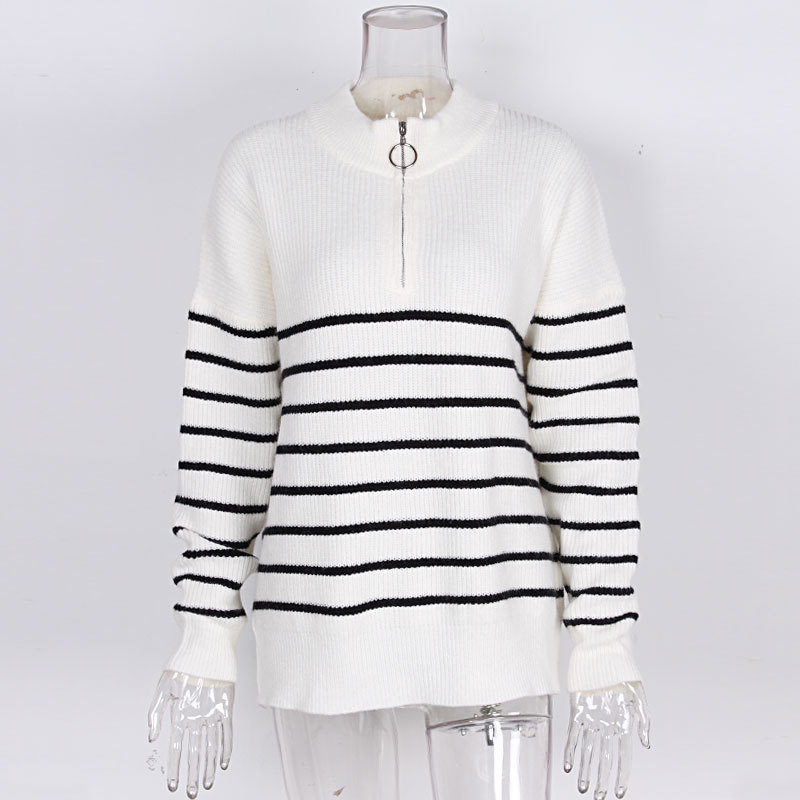 Abbigliamento da donna Maglione maglione pullover con cerniera da donna a maniche lunghe a righe color block a collo alto_voghion.com
