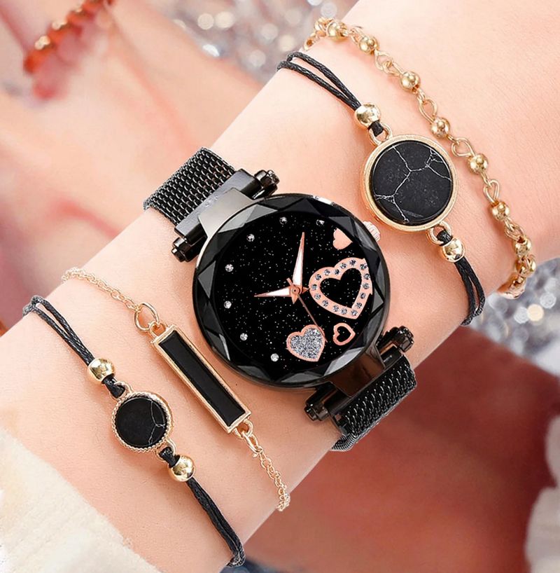 Orologio al quarzo con cinturino in maglia e superficie a forma di cuore, nuovo stile da donna, + set di bracciali da 5 pezzi/set_voghion.com