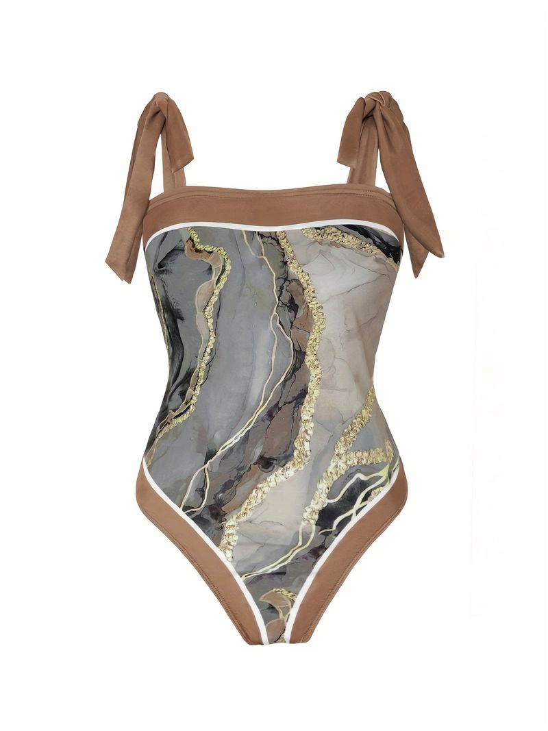 Plus Size Retro Tankini Set, Women's Plus Marble Print Tie Shoulder One Piece Swimsuit & Skirt Two Piece Bathing Suit_voghion.com