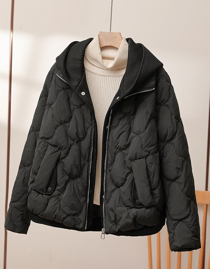 Women's Short Puffer Jacket With Knit Panel Design, Premium White Duck Down Hooded Coat For Winter (Beige, Khaki, Black)_voghion.com