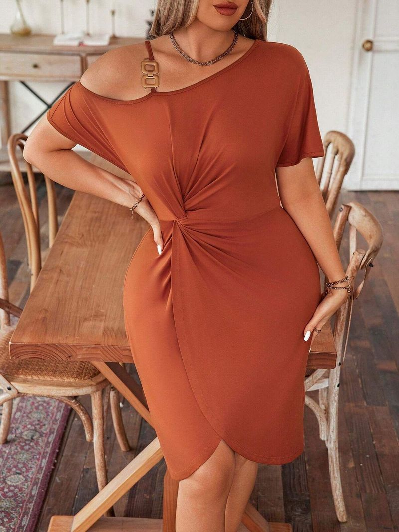Women's Clothing Spring new slim suspender skirt design pleated hip-wrapped oblique shoulder irregular solid color short-sleeved dress_voghion.com