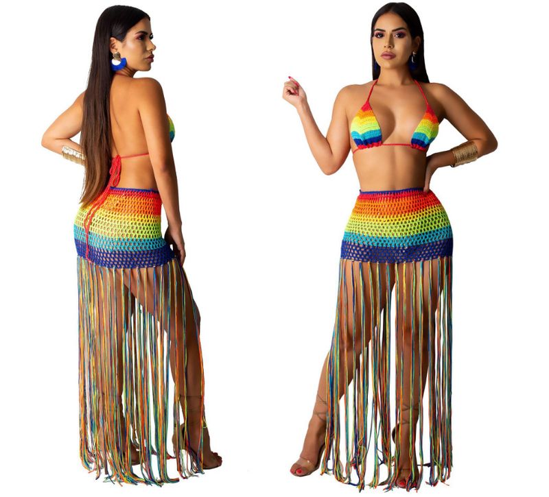 Maillot de bain sexy à franges pour femmes, couleur arc-en-ciel, fendu, ajouré, pour la plage_voghion.com