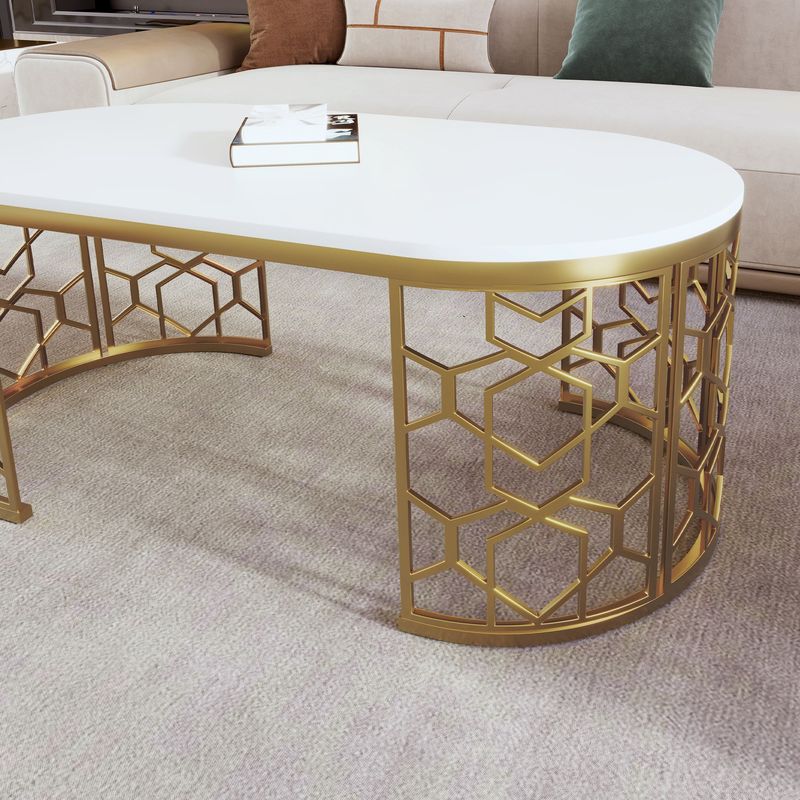 Modern Oval Coffee Table With Cut-Out Pattern Metal Stainless Steel Frame In 47.2"_voghion.com