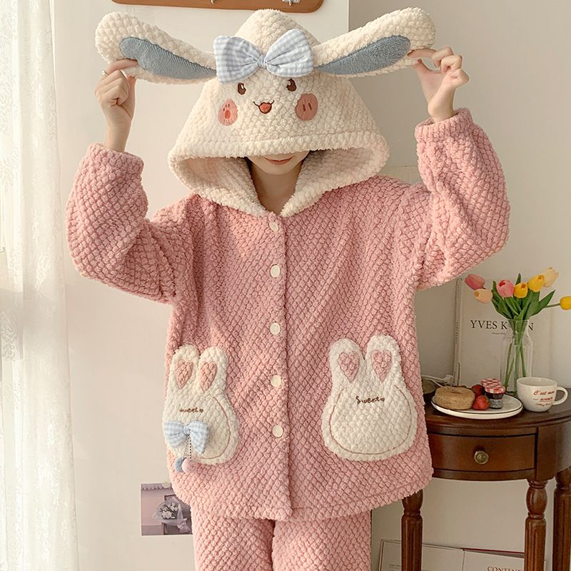 Rosa Samt-Pyjama für Damen im Herbst und Winter, süße Cartoon-Kapuzenjacke, lange Ärmelhose, zweiteiliges_voghion.com