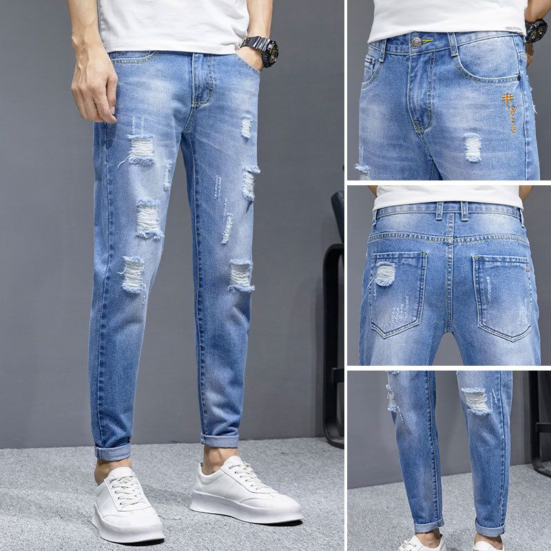 Ripped Jeans Men Summer Nine Points Slim Straight Loose Casual New Thin Style Beggar Pants_voghion.com